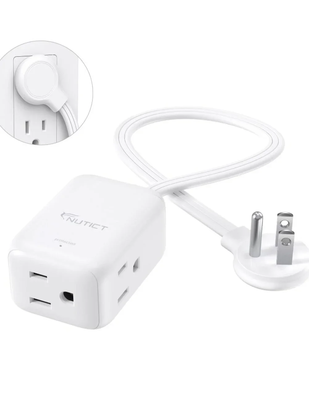NUTICT Flat Extension Cord with 3 Outlets, 3ft Short Extension Cord, 900J Surge